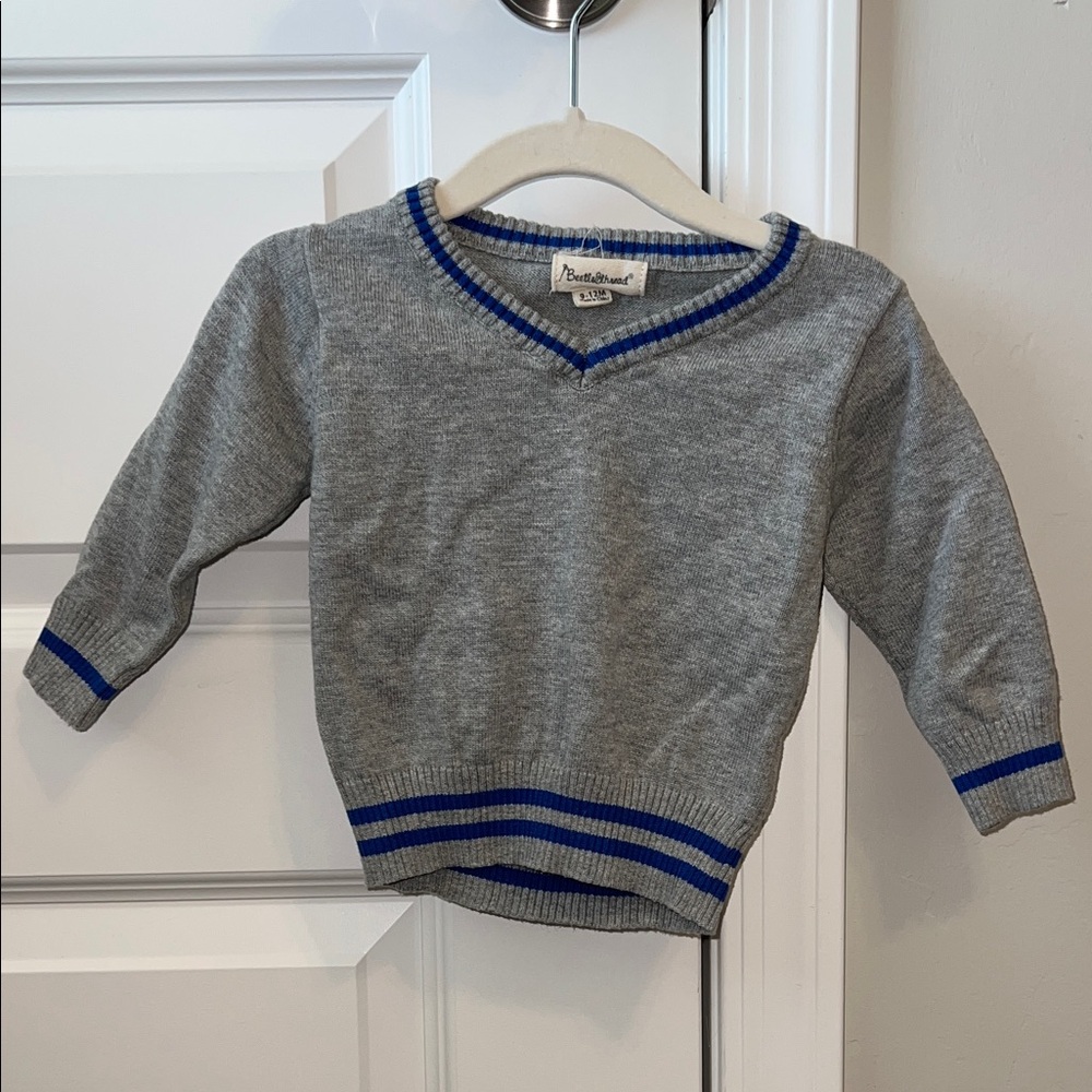 Beetle and Thread Gray V-Neck Sweater with Blue Trim